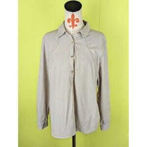 Cato Womens L Button Front Collared Blouse Tunic Hi Lo Slit Hem Striped Brown Wt